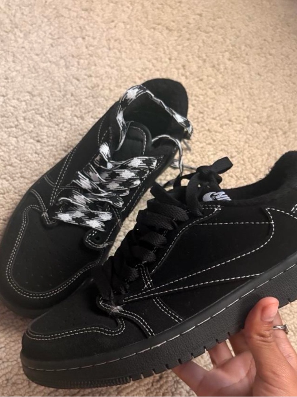 Travis Scott Black Suede Sneakers with White Stitching